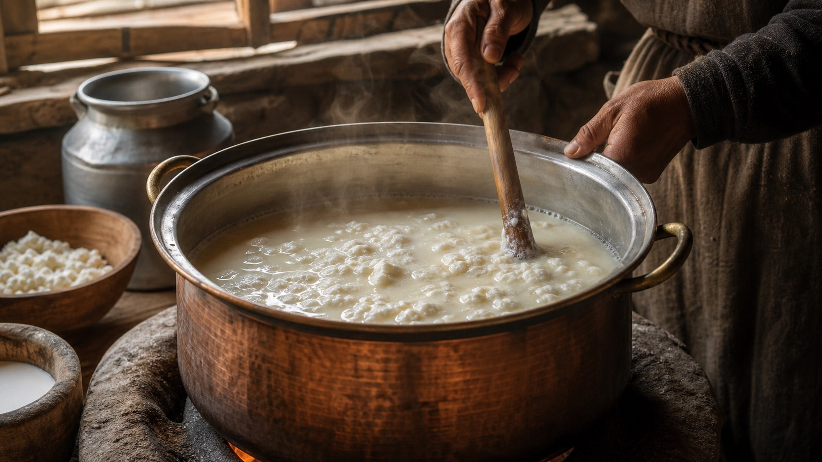 Milk being boiled and lime juice added to form curds