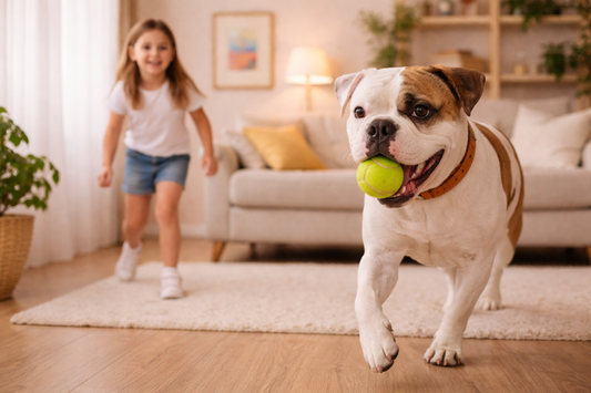 A family bulldog playing a ball game with the child of the house.