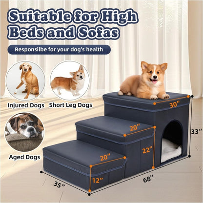 Foldable Dog Stairs With Storage - 3-Level Small To Medium Dog Breed Ramp
