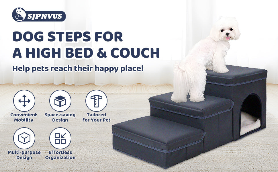Foldable Dog Stairs With Storage - 3-Level Small To Medium Dog Breed Ramp