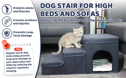 Foldable Dog Stairs With Storage - 3-Level Small To Medium Dog Breed Ramp