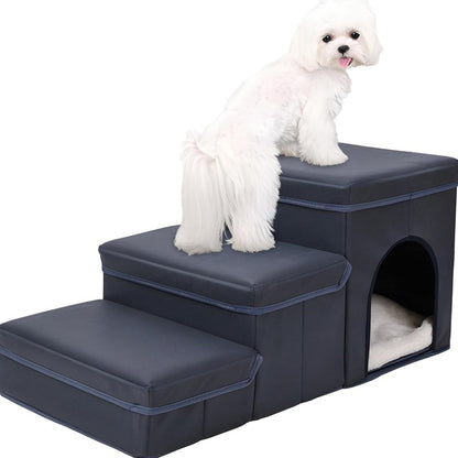 Foldable Dog Stairs With Storage - 3-Level Small To Medium Dog Breed Ramp