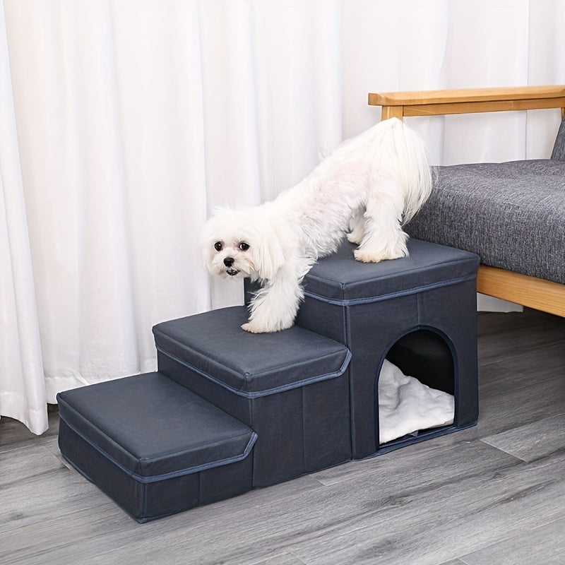 Foldable Dog Stairs With Storage - 3-Level Small To Medium Dog Breed Ramp