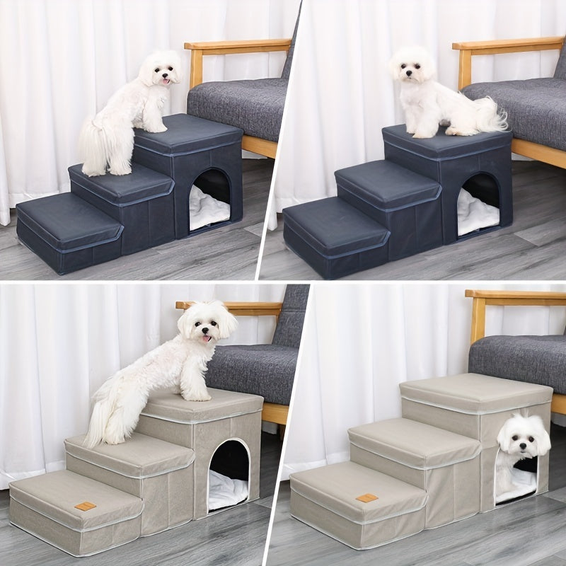 Foldable Dog Stairs With Storage - 3-Level Small To Medium Dog Breed Ramp