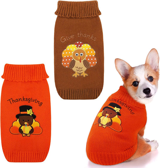 2 Pack Thanksgiving Dog Sweaters Turkey Puppy Dog Clothes Pet Warm Knitwear for Thanksgiving, Holiday, Party Gift, Orange, Brown