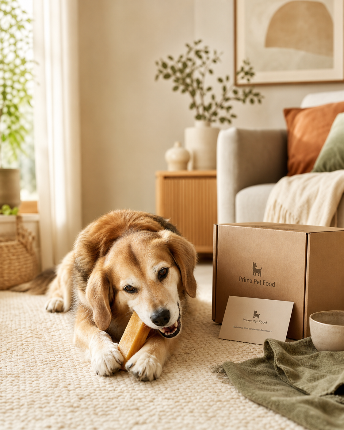 Calm dog enjoying a Himalayan yak chew beside a Prime Pet Food delivery box