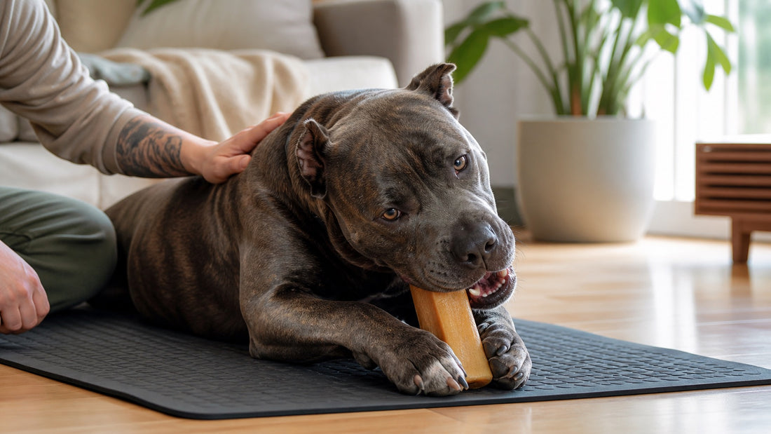 Large dog calmly chewing a Himalayan yak cheese chew on a supervised mat