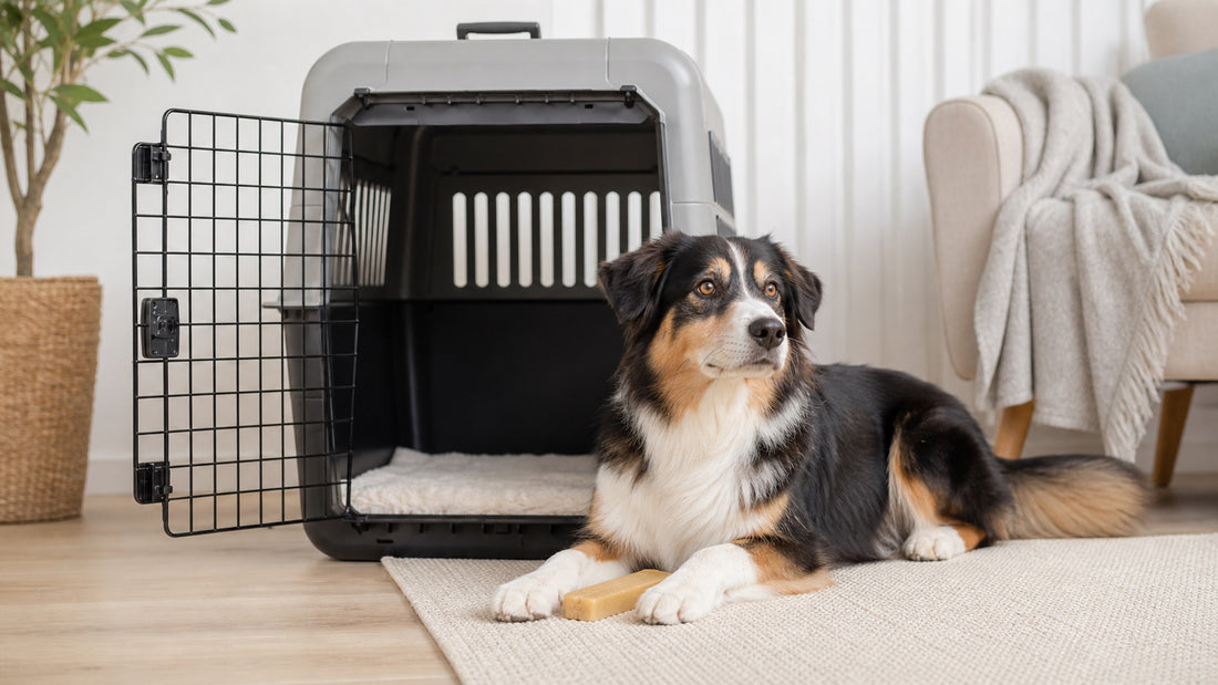 Relaxed dog near an open crate with a Himalayan yak cheese chew