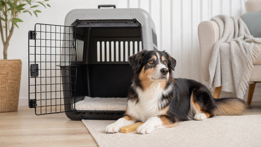 Relaxed dog near an open crate with a Himalayan yak cheese chew