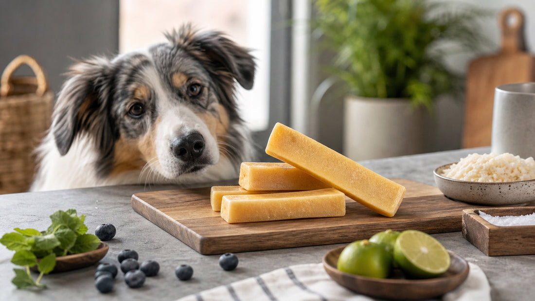 Natural yak cheese chews arranged with simple ingredients for dog enrichment