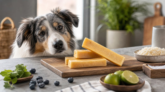 Natural yak cheese chews arranged with simple ingredients for dog enrichment
