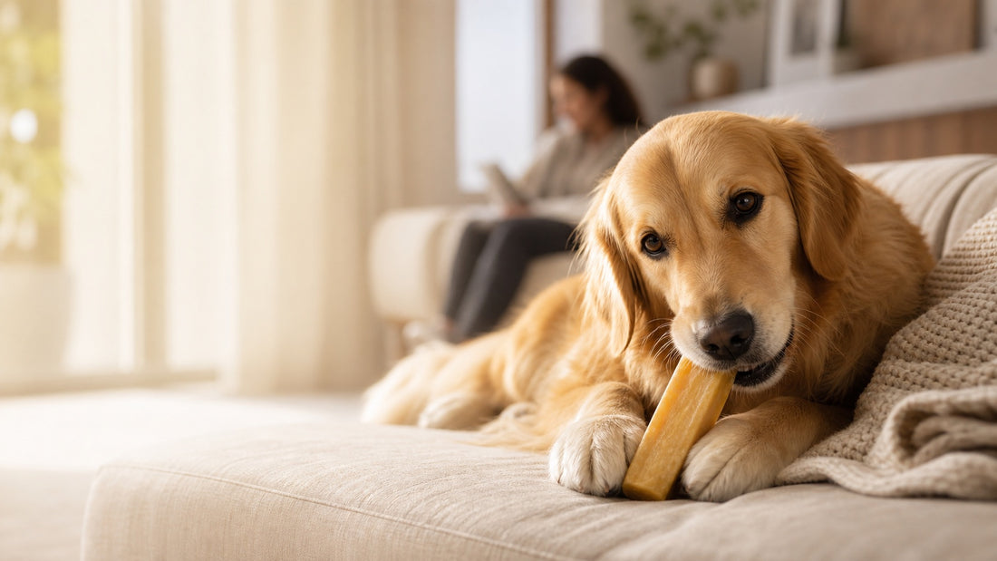 Calm dog enjoying a Himalayan yak cheese chew in a modern home