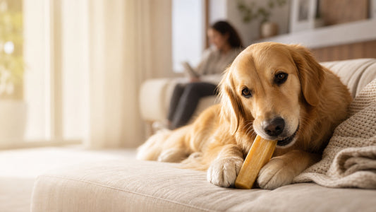 Calm dog enjoying a Himalayan yak cheese chew in a modern home