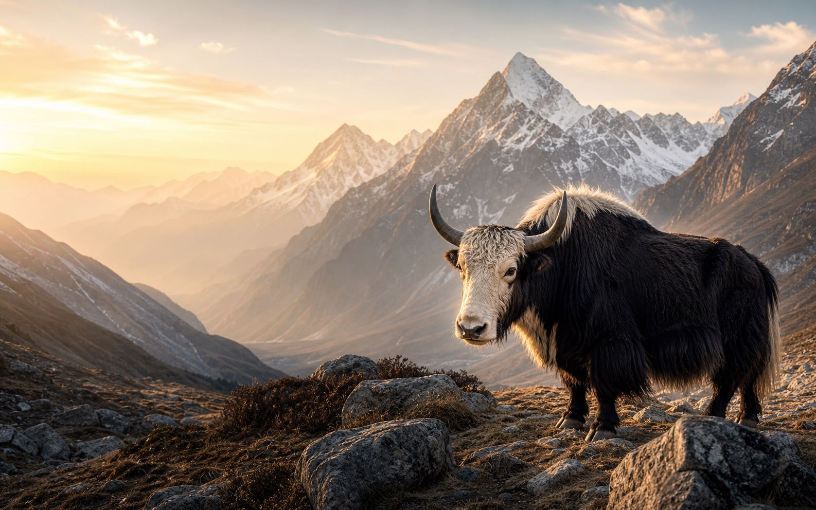 Yak in the Himalayan mountains representing Prime Pet Food yak cheese chews crafted in Nepal using traditional Himalayan methods