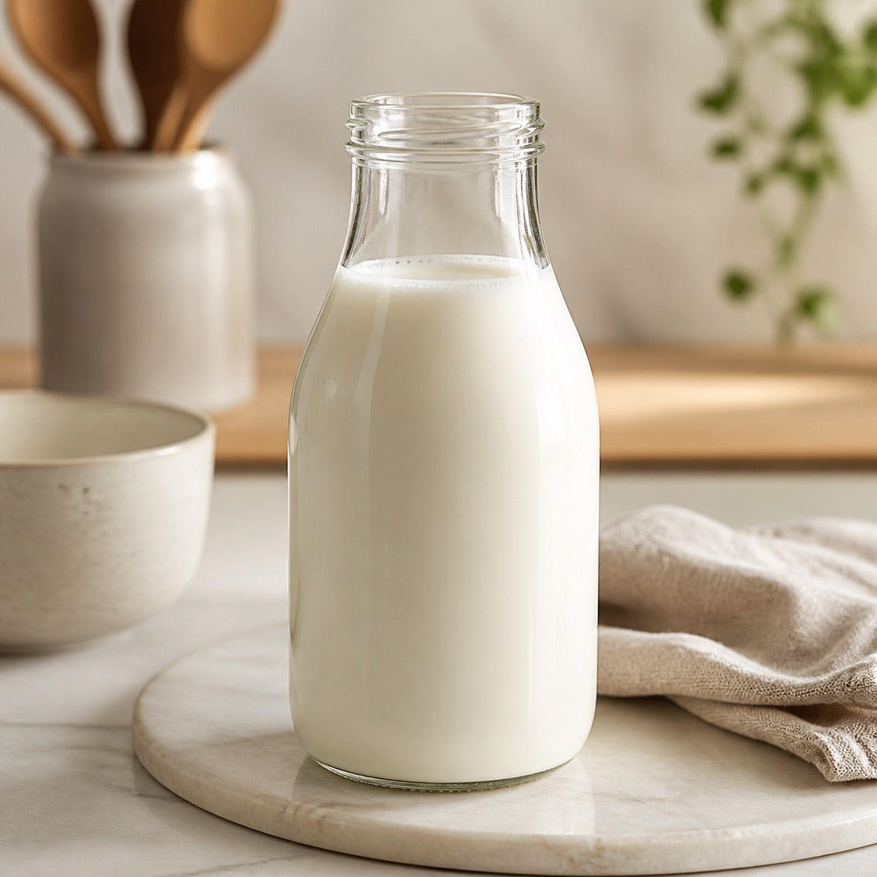Cow milk in a clean ceramic pitcher