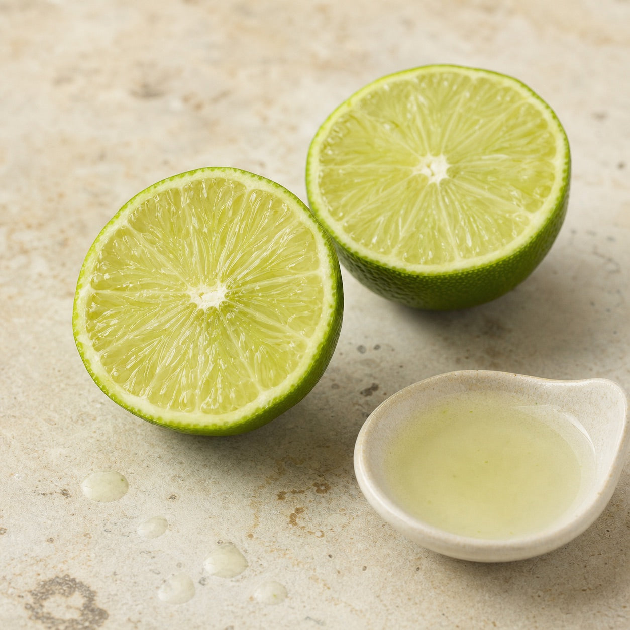 Fresh lime halves and lime juice on stone