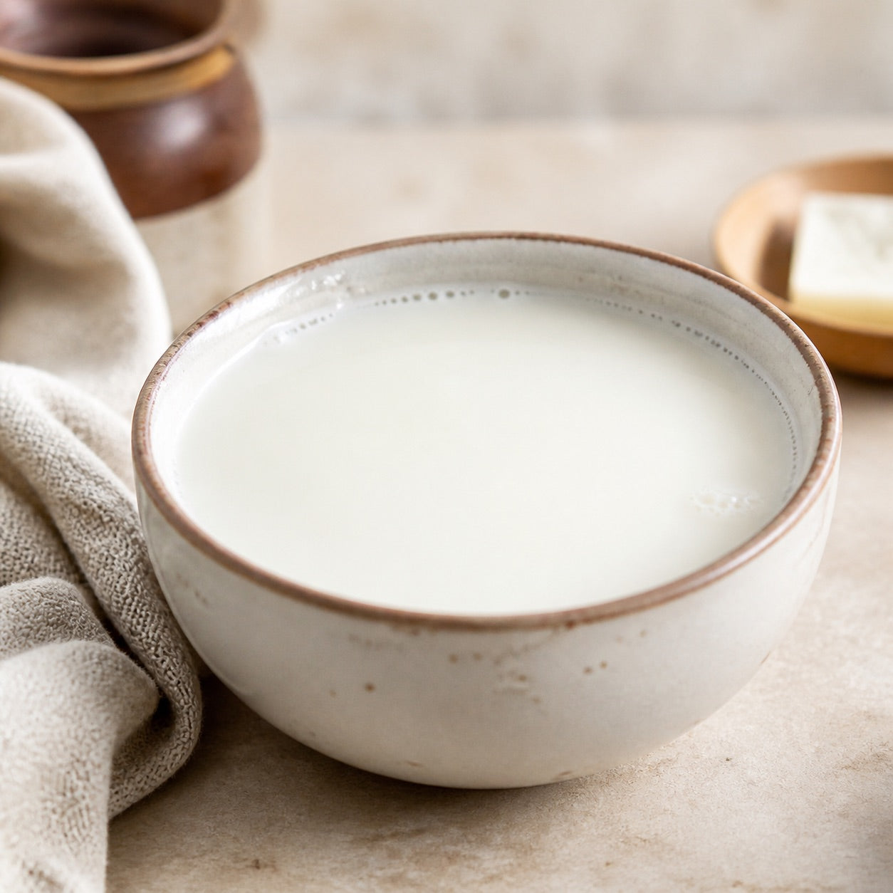 Fresh yak milk in a simple ceramic bowl