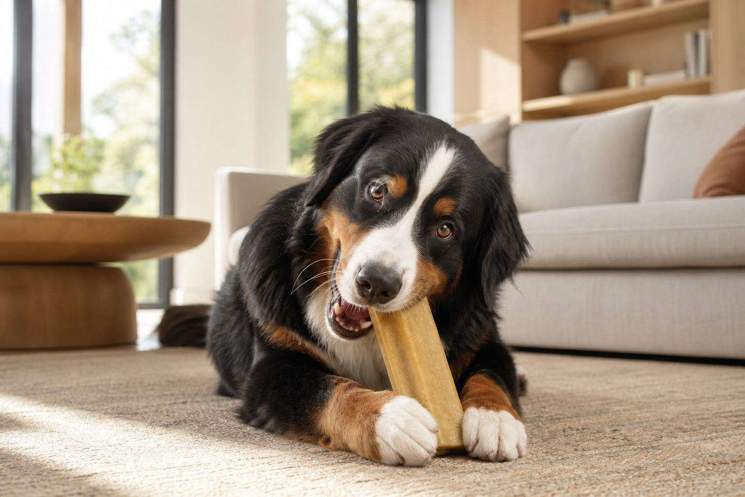 Large dog chewing a large Himalayan yak chew