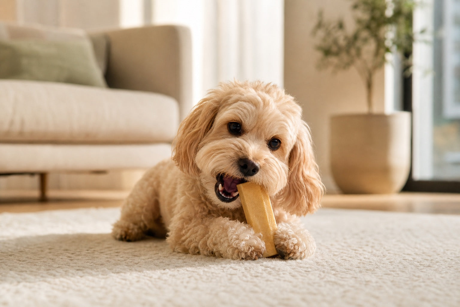 Small dog calmly chewing a small Himalayan yak chew