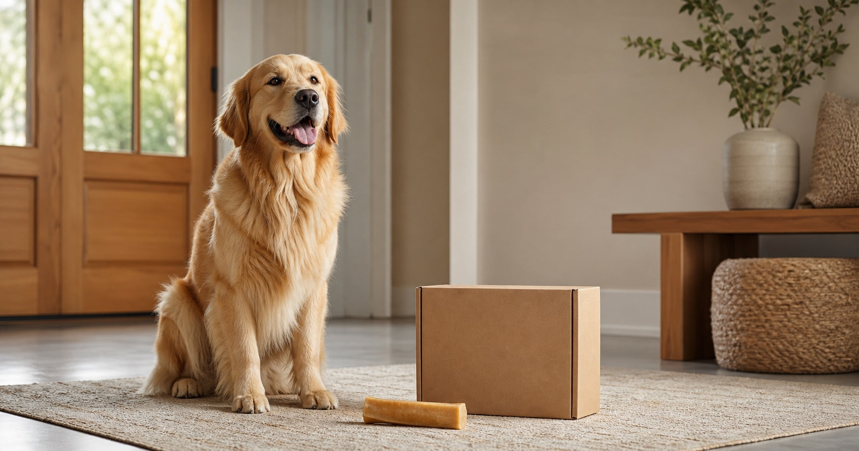 Happy dog beside a subscription box and yak chew