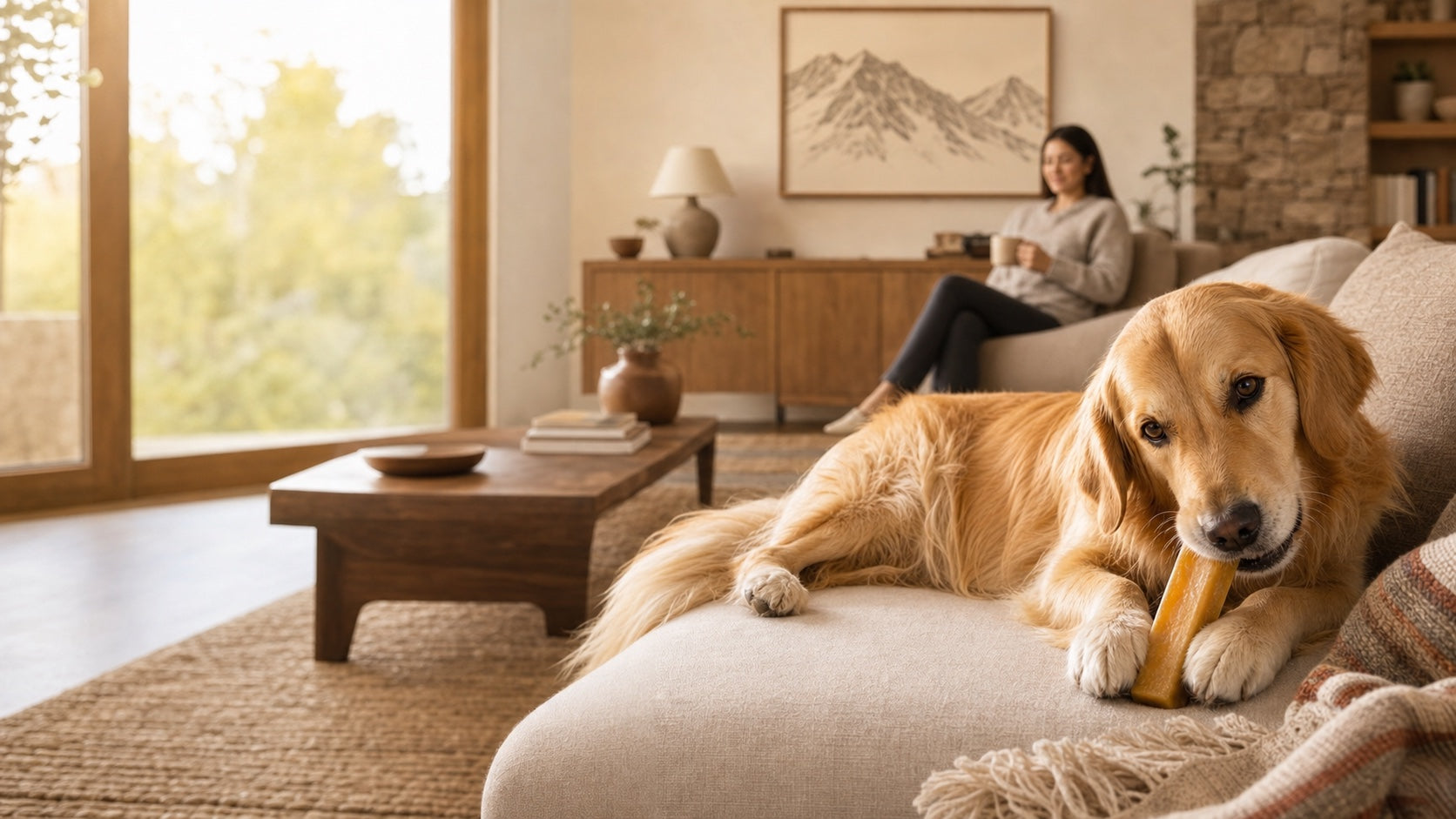 Golden Retriever settled on a sofa with a Prime Pet Food Himalayan yak chew