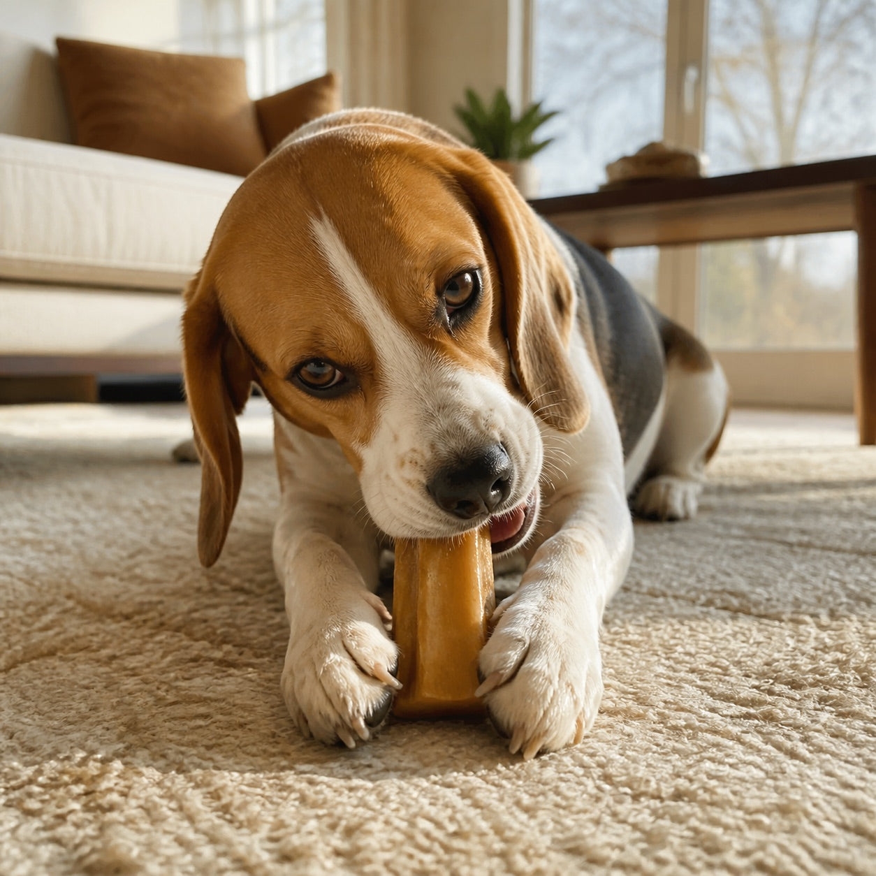 Beagle enjoying a Prime Pet Food yak chew on a rug