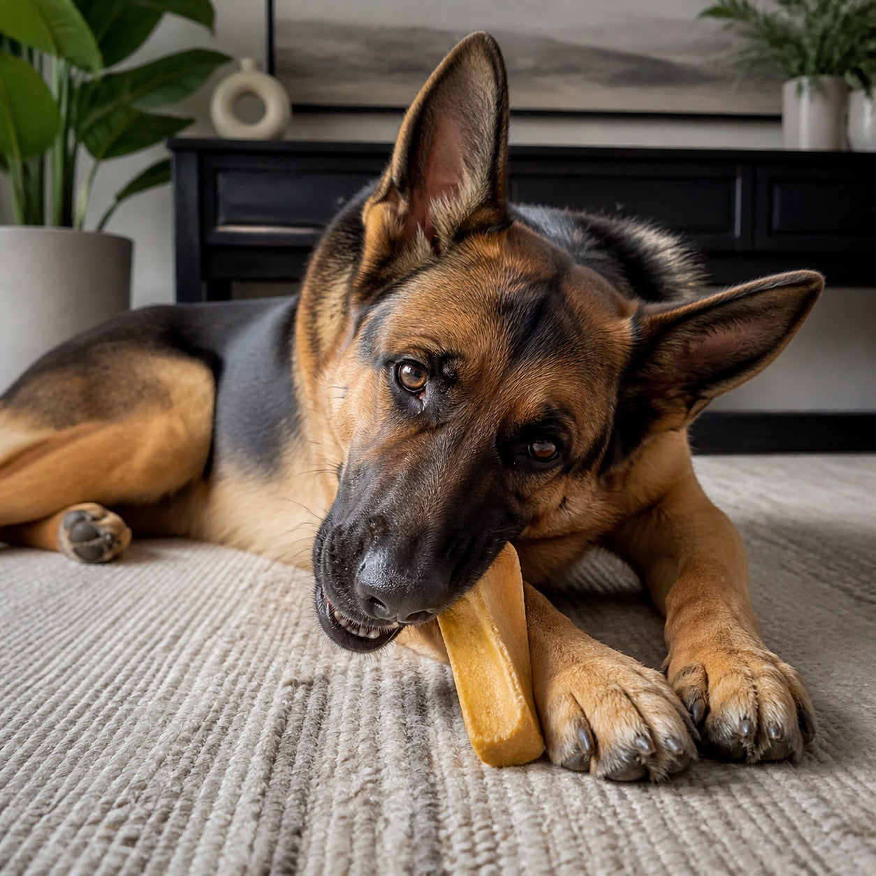 German Shepherd with a jumbo Prime Pet Food Himalayan yak chew