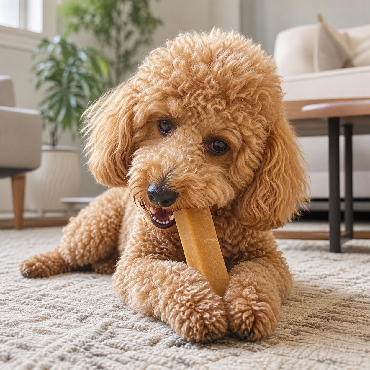 Poodle calmly holding a Prime Pet Food Himalayan yak chew
