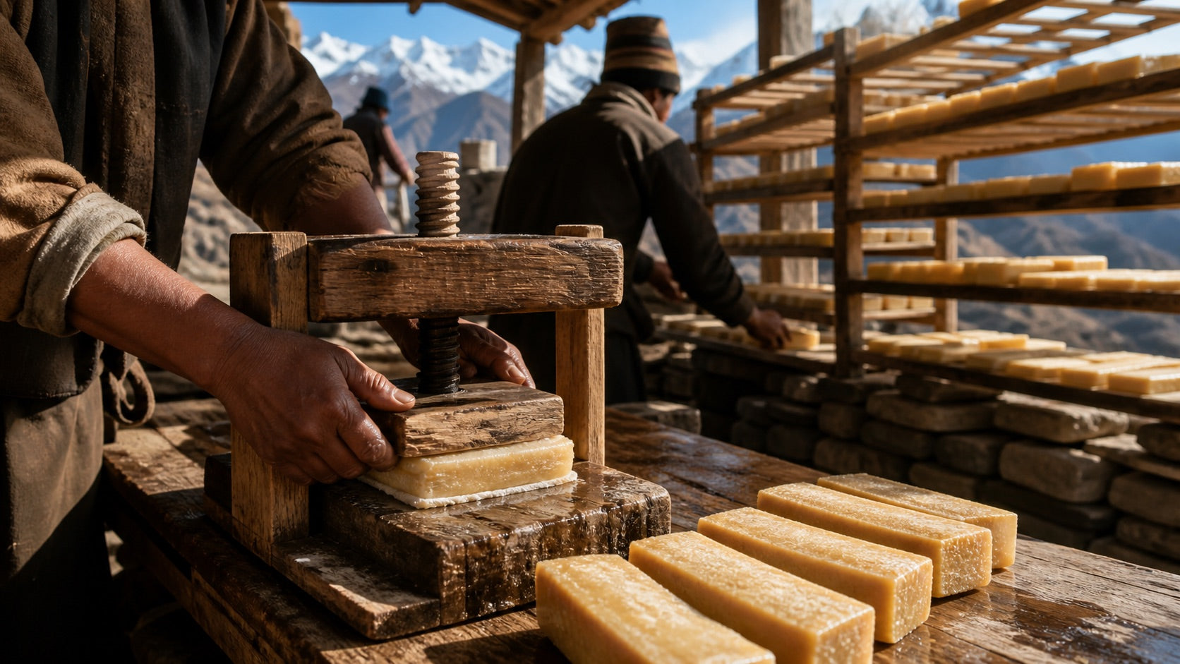 Pressed Himalayan yak cheese bars arranged on drying racks for aging