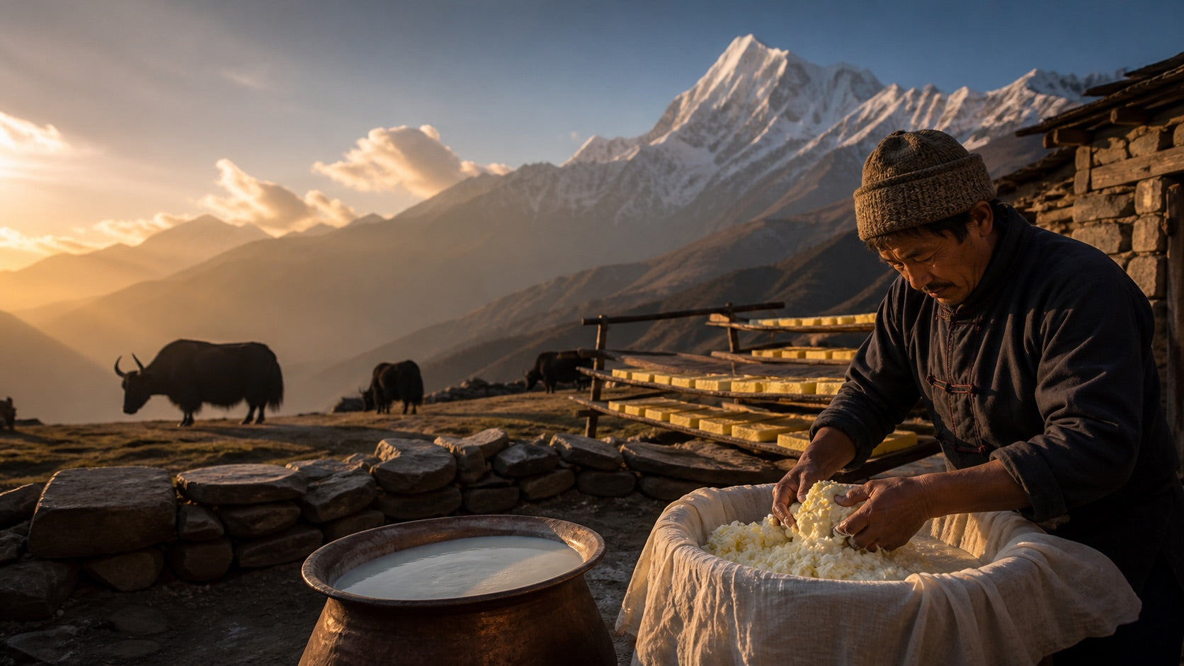 Traditional Himalayan yak cheese preparation in Nepal with mountains in the background